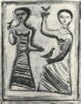 Donne con uccelli - 1943  Olio su tela, 29.5x22  - Mostra antologica - Galleria dello Scudo 1981