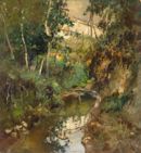Alberi con ruscello -   Olio su tavola, 50x46  - 